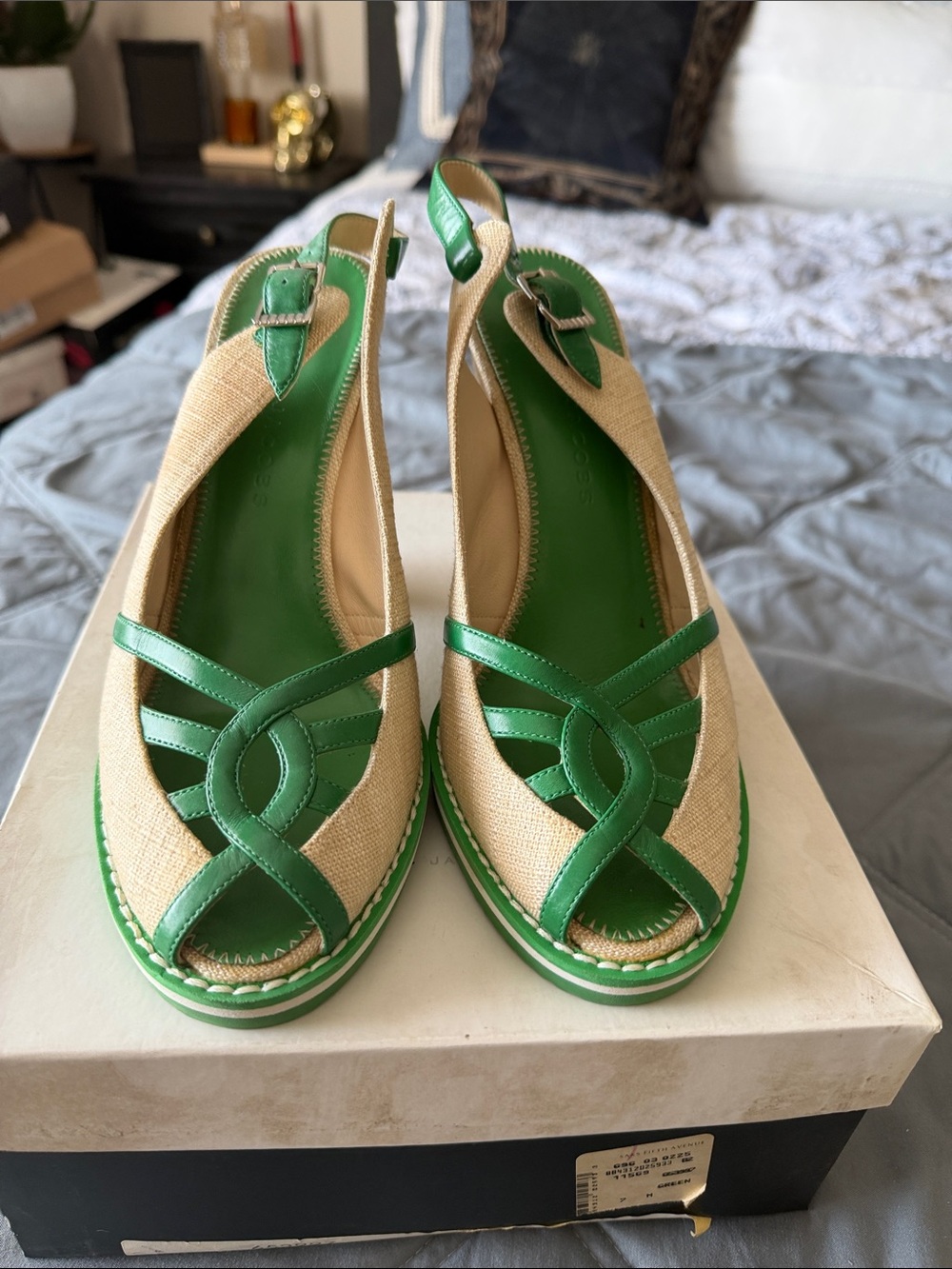 Marc Jacobs Beige and Green Slingback Peep-Toe Wedges